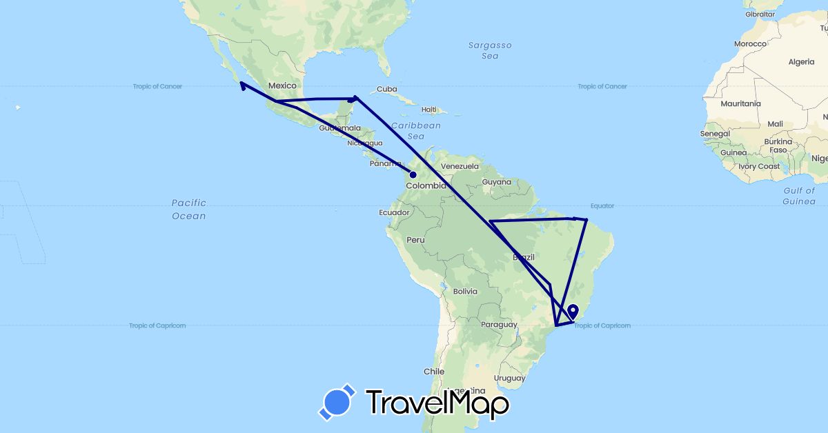TravelMap itinerary: driving in Brazil, Colombia, Mexico (North America, South America)